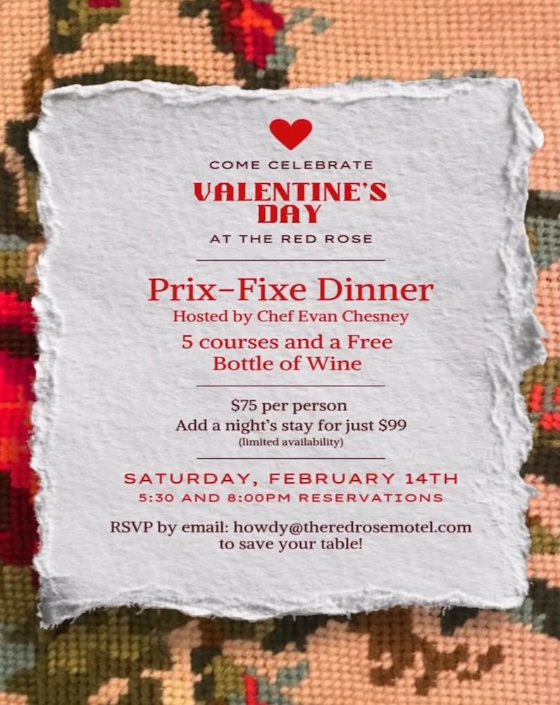 A promotional flyer for a Valentine's Day dinner event featuring a prix-fixe menu, wine offer, and reservation details.