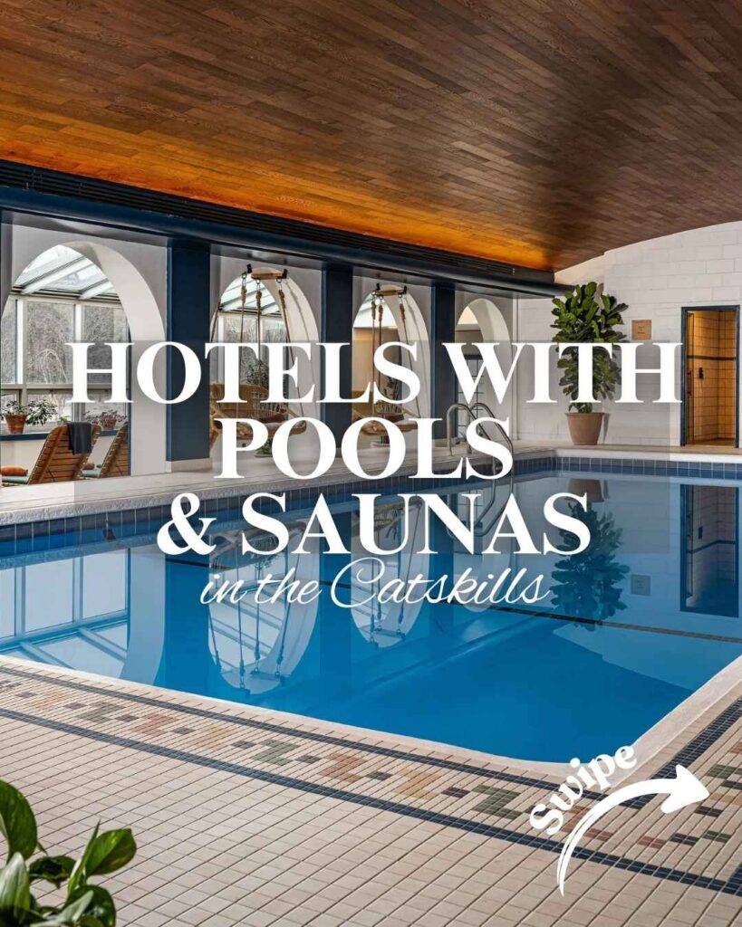 An inviting indoor pool area with large windows, colorful tiles, and plants, promoting hotels in the Catskills with pools and saunas.