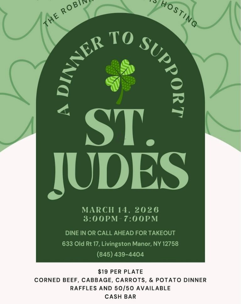 Event flyer for a dinner supporting St. Jude's on March 11, 2020, featuring corned beef, raffle prizes, and a cash bar.