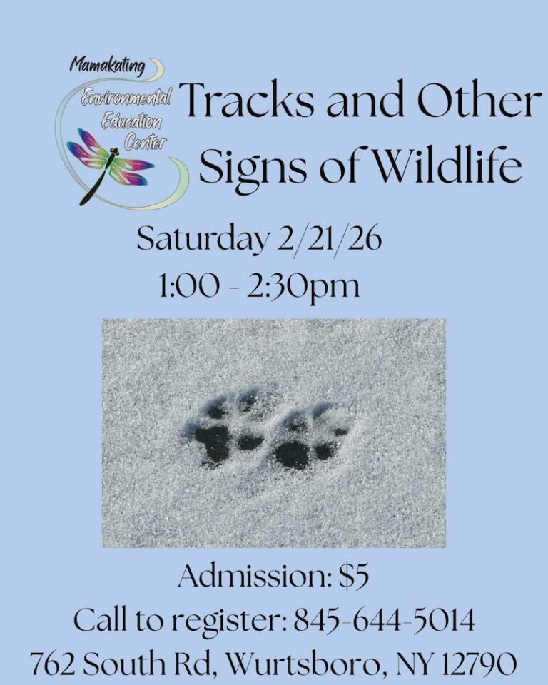 An announcement for a wildlife tracking event, featuring animal tracks, date, time, location, and admission details.