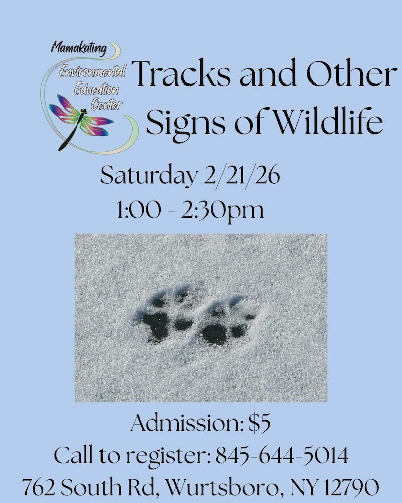 An announcement for a wildlife tracking event, featuring animal tracks, date, time, location, and admission details.