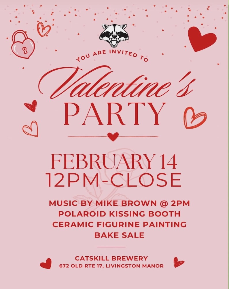 A Valentine's Day party invitation with event details, including music, activities, and location at Catskill Brewery on February 14.