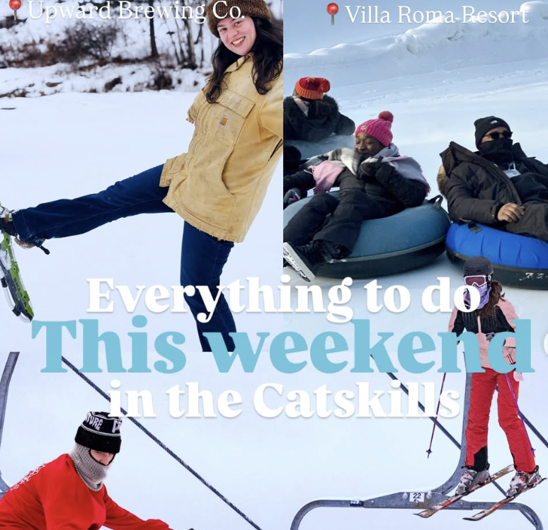 A collage showcasing winter activities in the Catskills, featuring skiing, snow tubing, and people enjoying the snowy scenery.