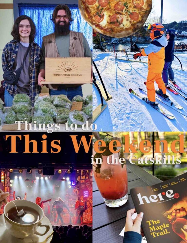 A collage showcasing various activities in the Catskills, including food, winter sports, live entertainment, and local attractions.