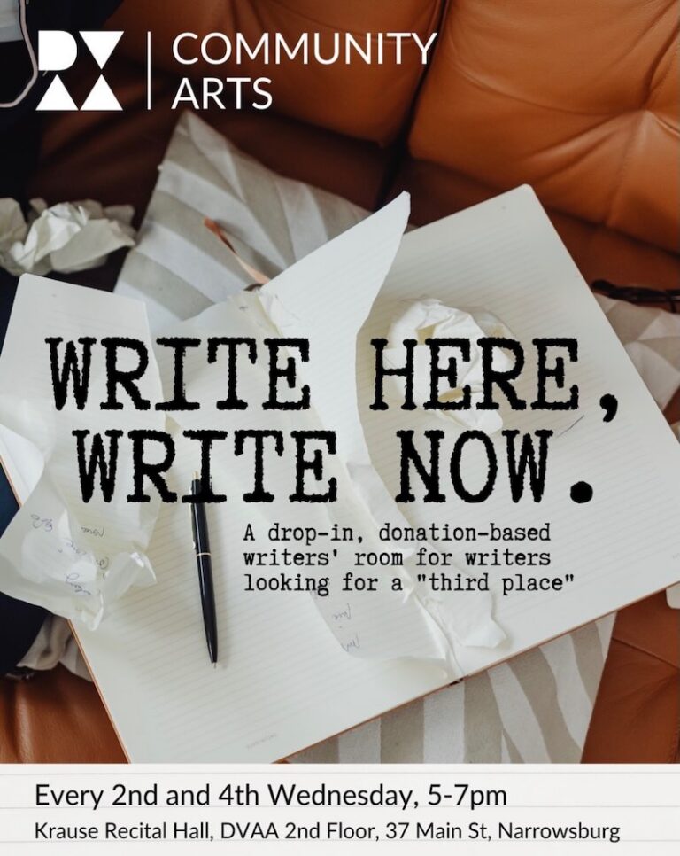 Promotional poster for a writers' drop-in room, featuring event details, times, and location in a community arts setting.