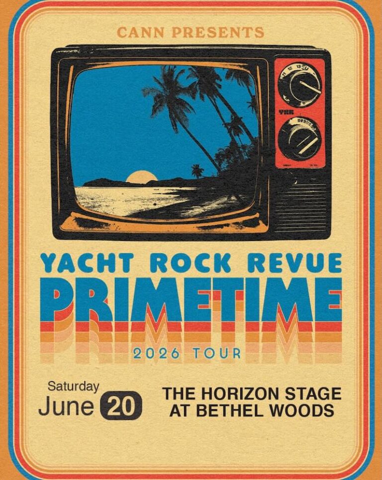 A vintage-style concert poster for the Yacht Rock Revue, featuring tropical imagery and details about the event date and location.