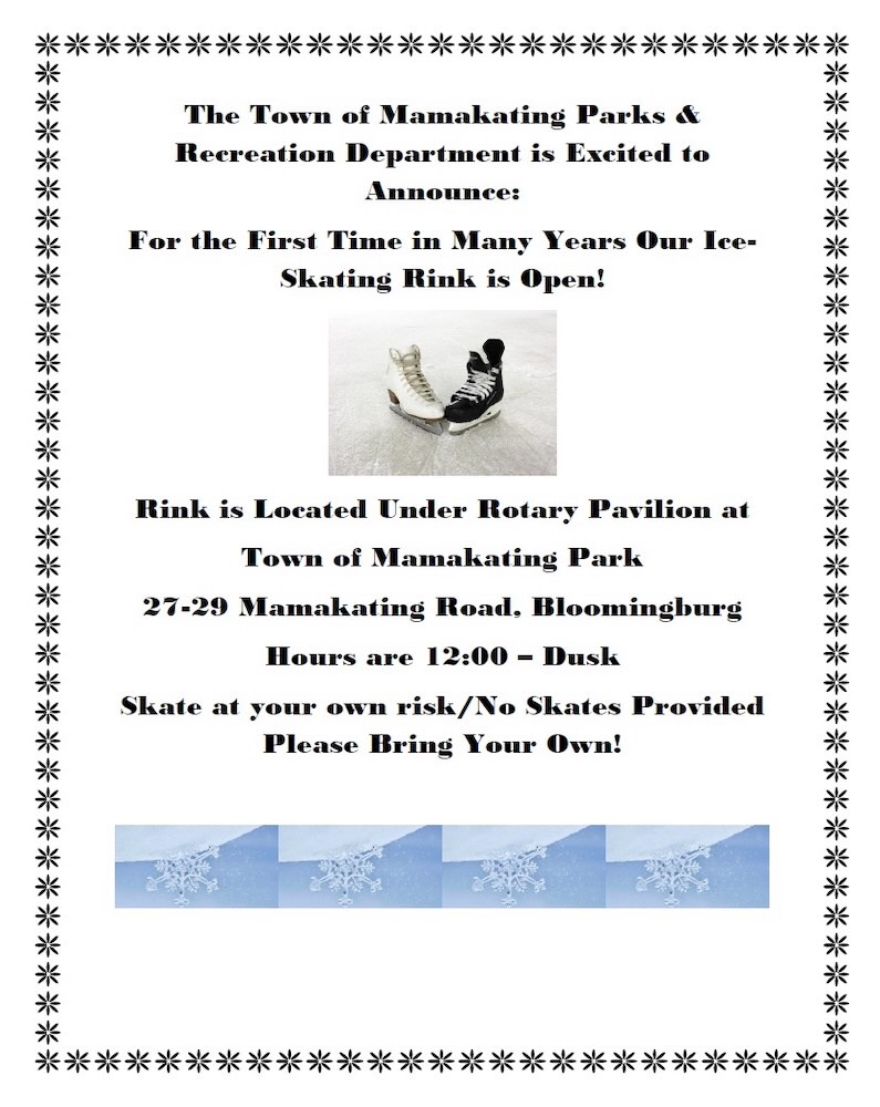 Announcement for the opening of an ice-skating rink at Manahawkin Park, with details on location, hours, and skate provisions.