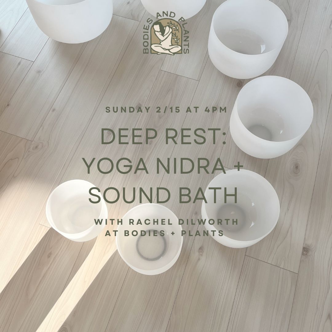 A serene setting featuring white bowls arranged on a light wooden floor, promoting a yoga and sound bath event.
