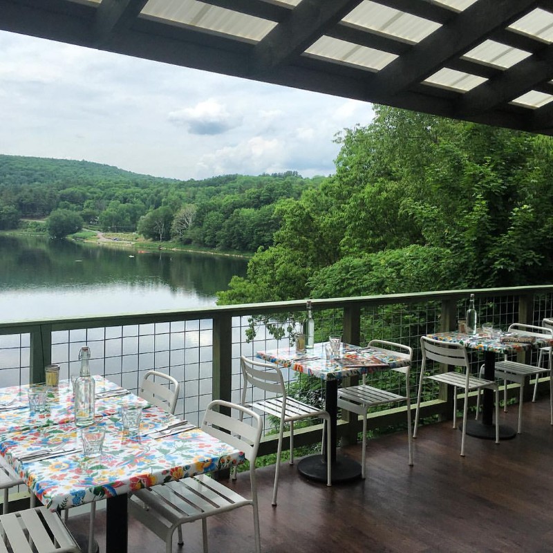 The patio of The Heron restaurant overlooking the Delaware River in the Sullivan Catskills.