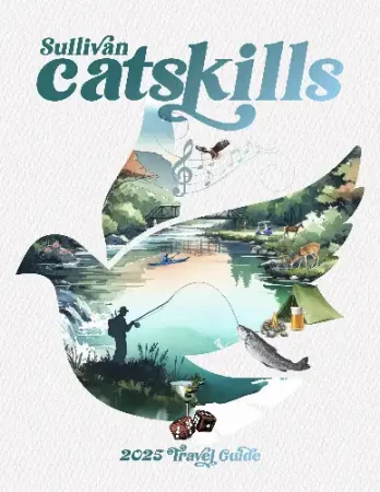 Illustrated cover of the “Sullivan Catskills 2023 Travel Guide” featuring a large dove shape filled with scenes of fishing, camping, wildlife, music, food, and nature in a peaceful outdoor setting.